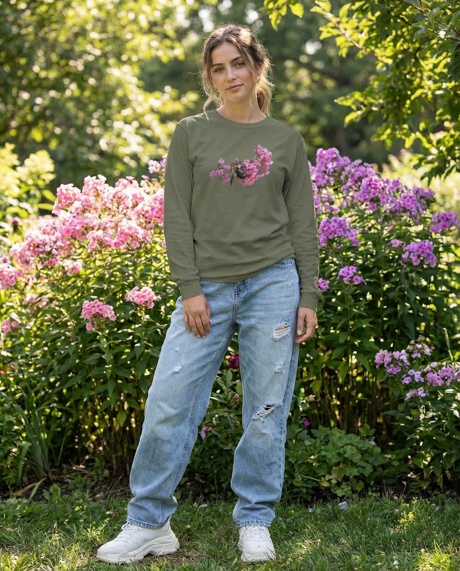 Bee and Butterfly Habitat Fund, Bee Pollinating Graphic, Moss Apparel, Long Sleeve T-Shirt – Wildlife Apparel by Moss Apparel