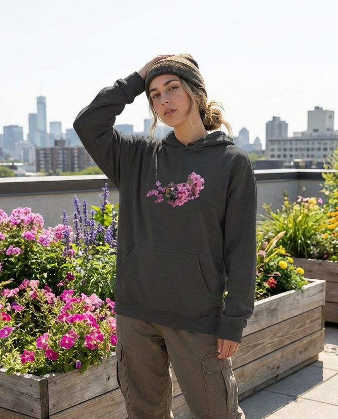 Bee and Butterfly Habitat Fund, Bee Pollinating Graphic, Moss Apparel, Hoodie – Wildlife Apparel by Moss Apparel