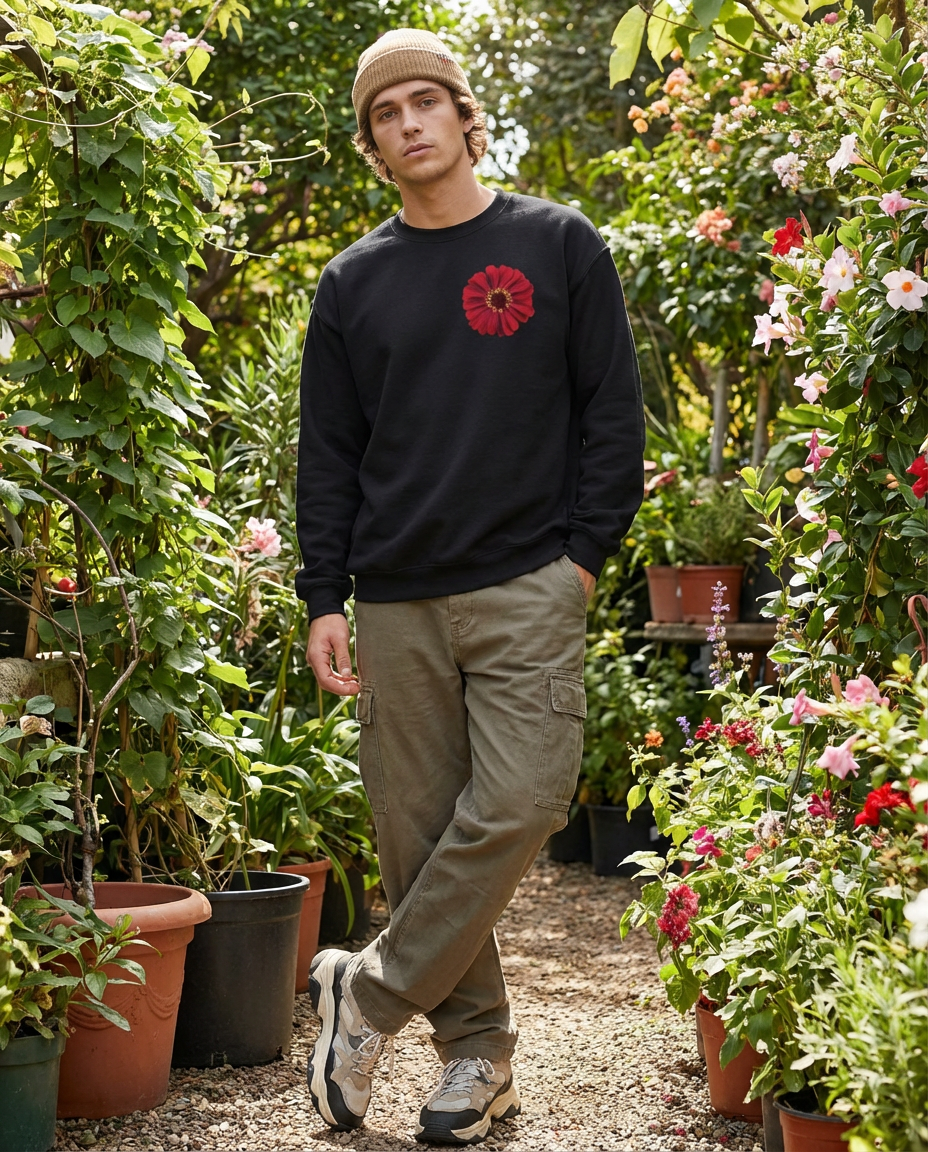 Zinnia Floral Vibrant, Floral Red Zinnia, Flower, Moss Apparel, Unisex Crewneck Sweatshirt