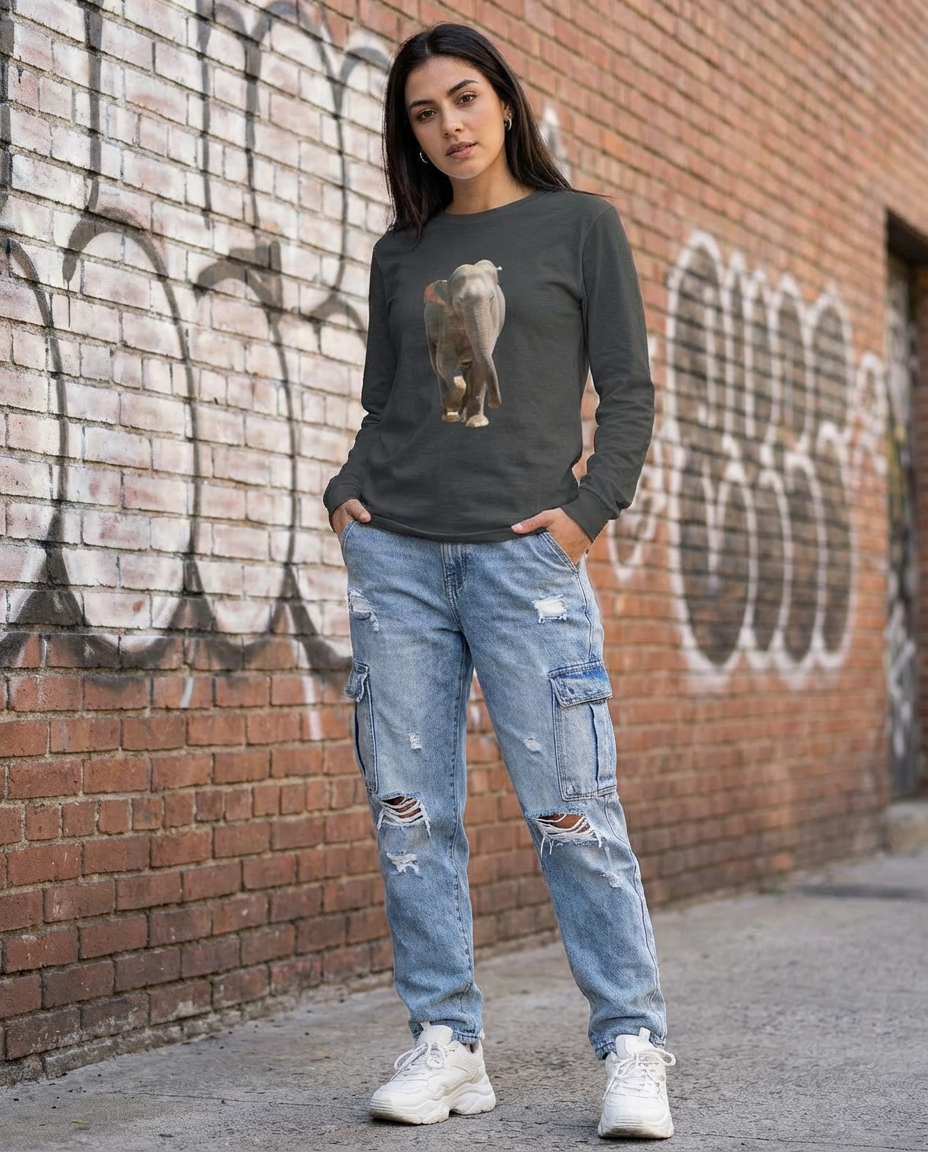 Charging Indian Elephant, Moss Apparel, Long Sleeve T-Shirt