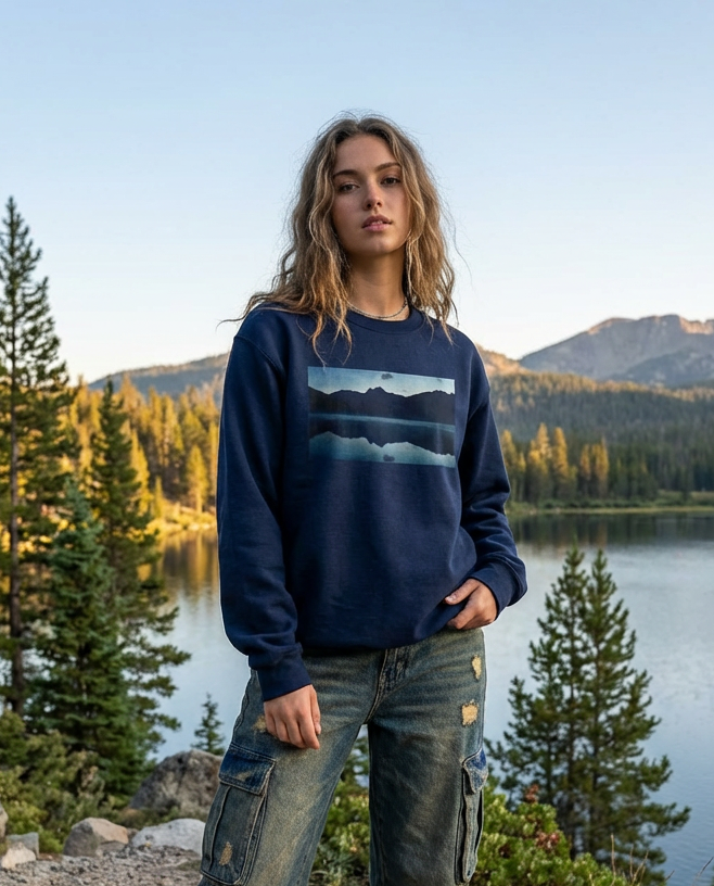 Person wearing a navy blue sweatshirt with a mountain graphic in a scenic outdoor setting.