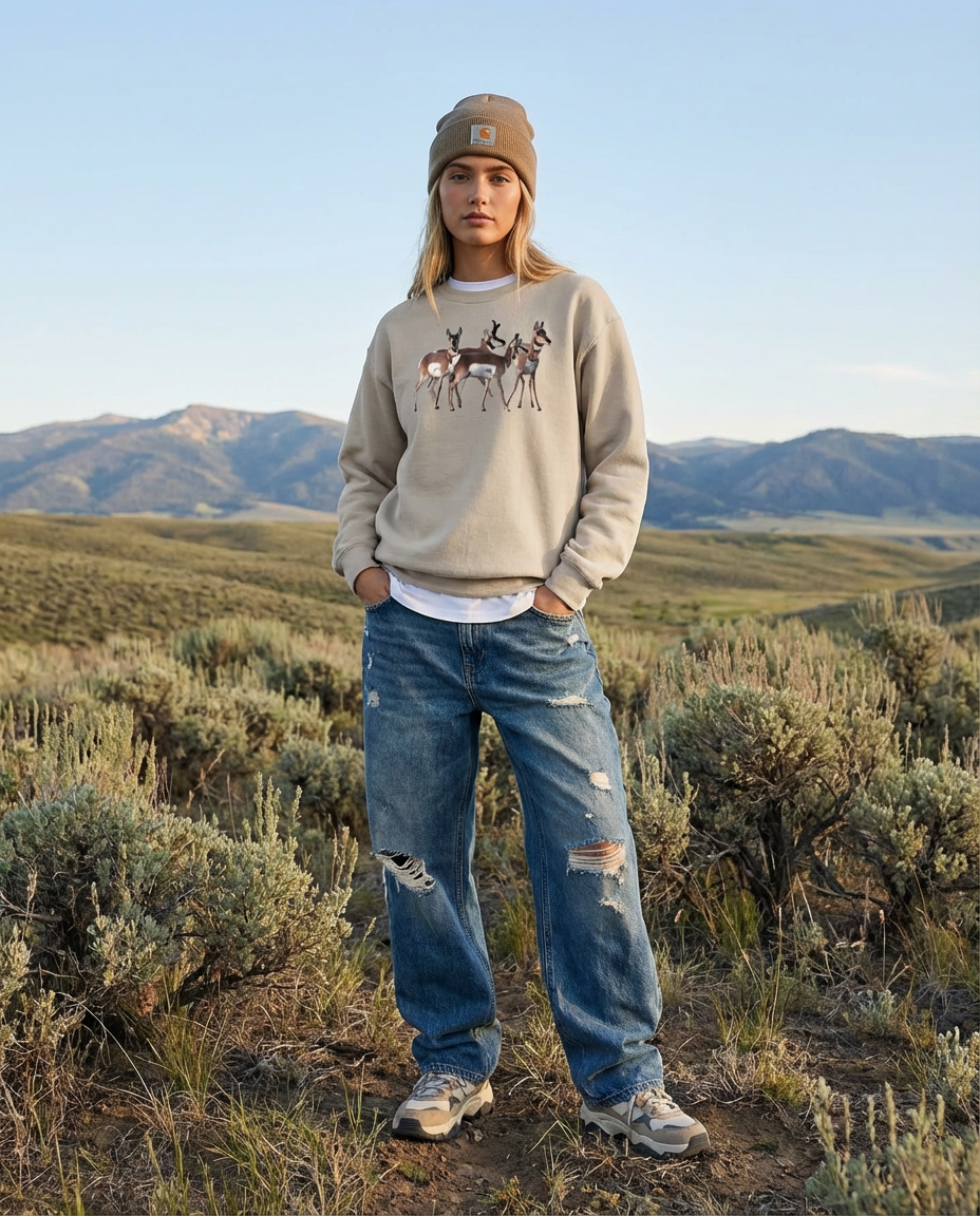 Pronghorn Huddle, The WYldlife Fund, Moss Apparel, Crewneck Sweatshirt