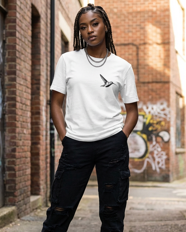 Humming Bird in Flight B&W Design – Wildlife Apparel by Moss Apparel
