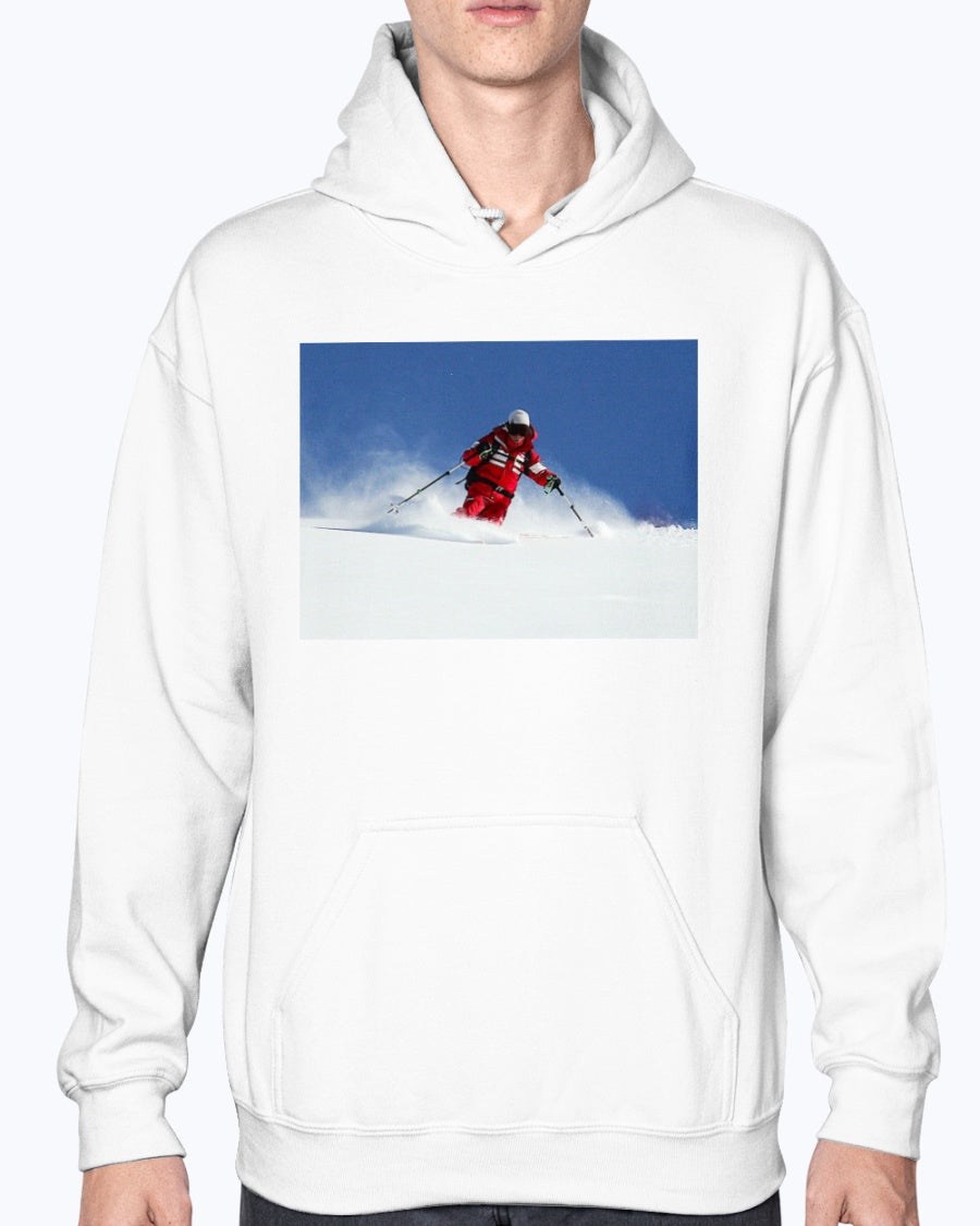 Bunny Hops, Skier in the Powder, Moss Apparel, Unisex Hoodie – Wildlife Apparel by Moss Apparel