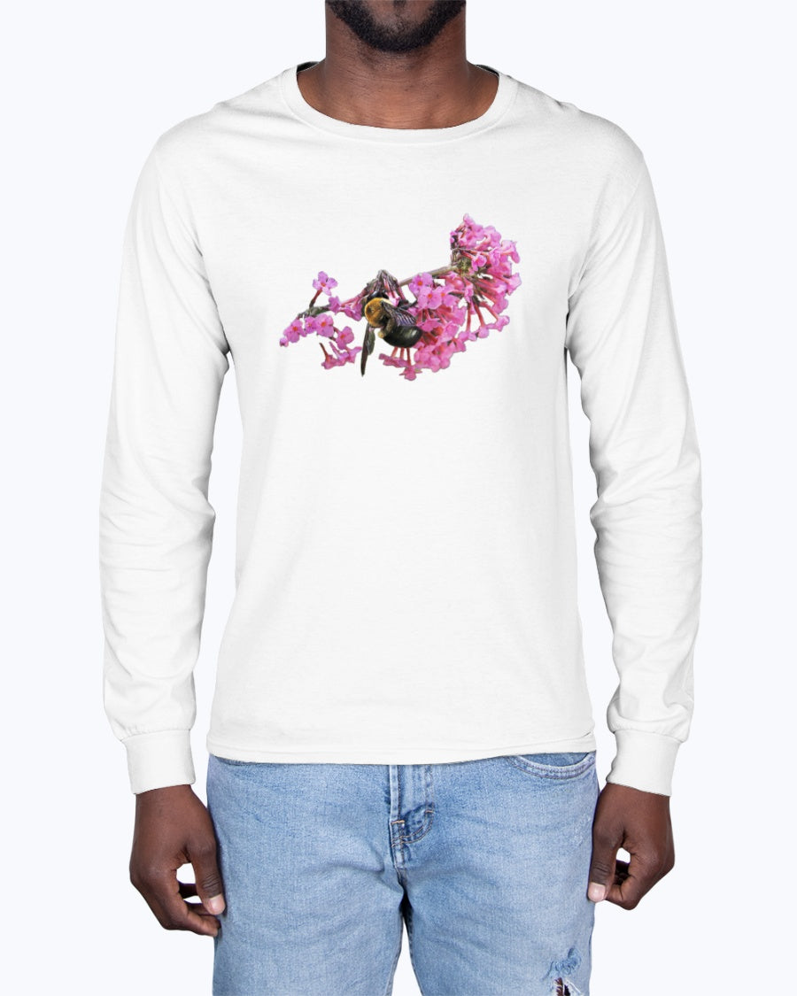 Bee and Butterfly Habitat Fund, Bee Pollinating Graphic, Moss Apparel, Long Sleeve T-Shirt – Wildlife Apparel by Moss Apparel