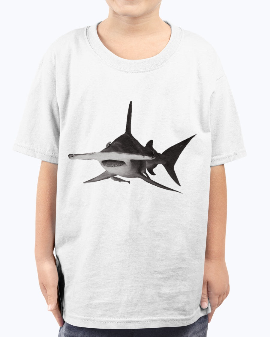 Product detail view of the Hammerhead Shark Youth Tee showcasing premium stitching and soft fabric.